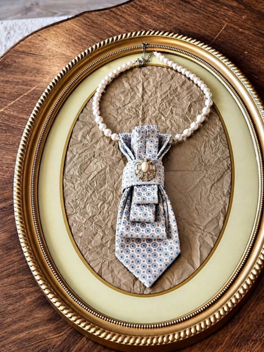 KOLTE COUTURE Vintage Silk Tie Necklace in White & Blue With Pearls